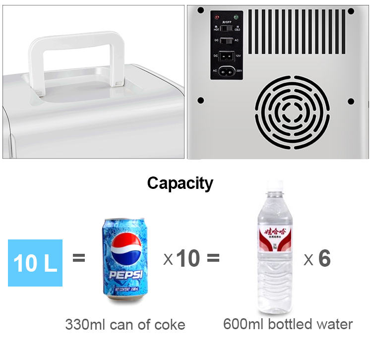 Capacity demonstration showing 10 cans and 6 bottles fitting inside the fridge