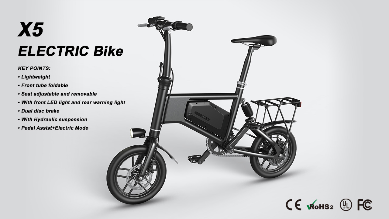 Foldable electric bike features overview including LED lights and suspension