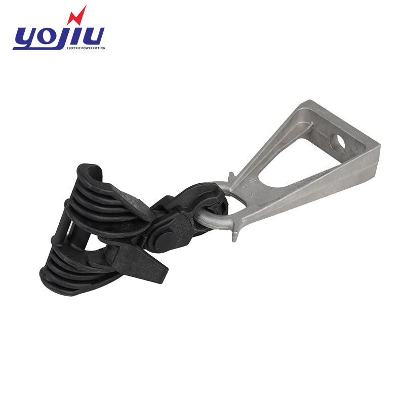 Aluminum tension clamp and suspension bracket installed on overhead lines