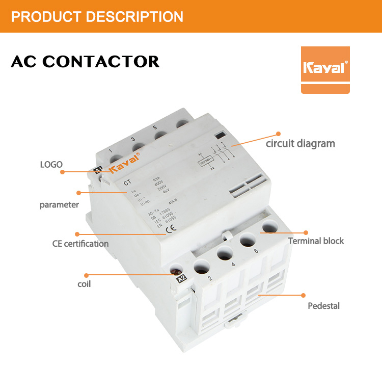 Technical diagram and terminal block layout for the AC contactor