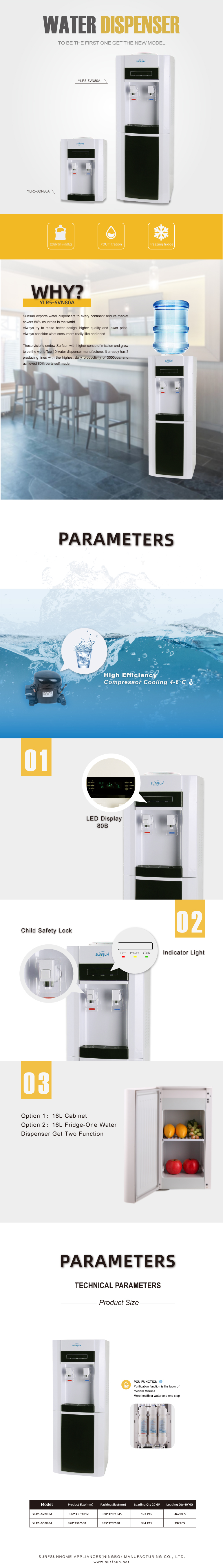Infographic showing technical parameters and features of the water dispenser