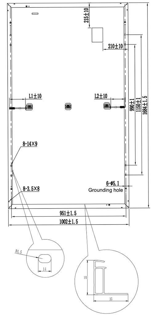 Engineering drawing showing dimensions and mounting hole locations for the solar panel.
