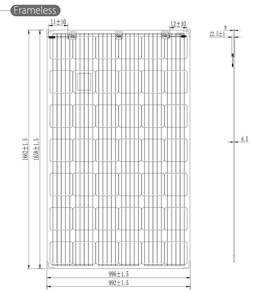 Engineering drawing showing frameless panel dimensions