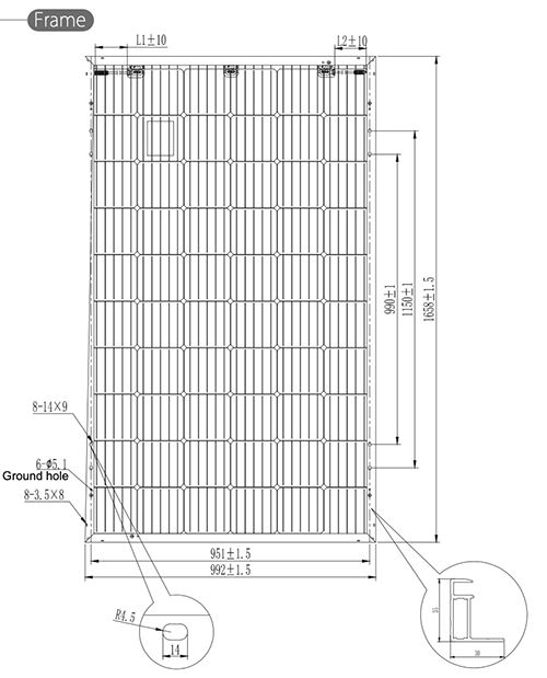 Engineering drawing showing framed panel dimensions