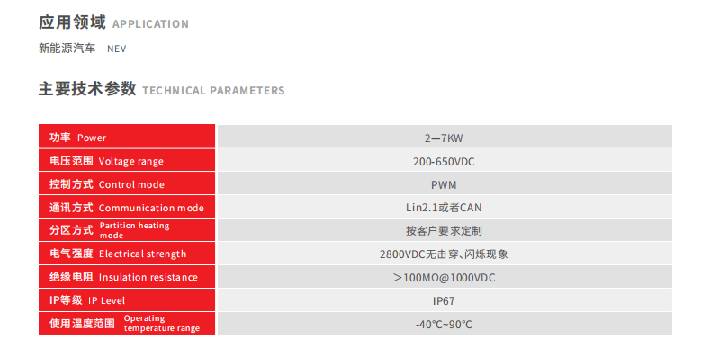 Technical parameter chart for high voltage PTC heater assembly