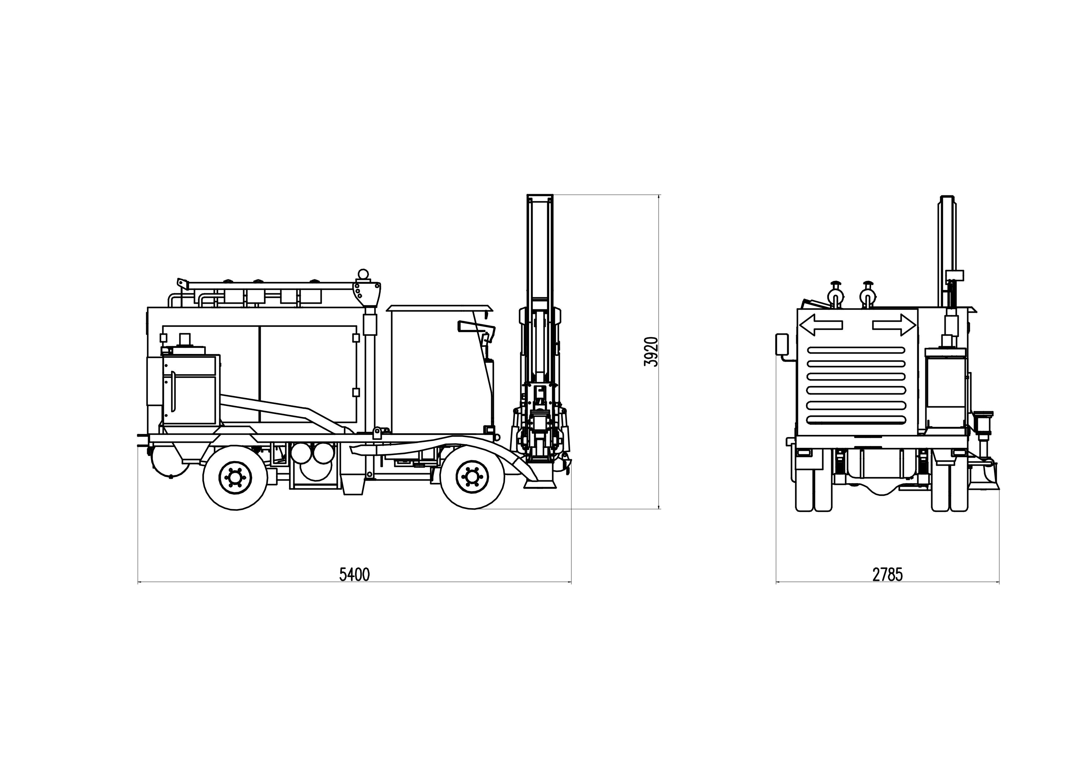 Technical drawing of the highway guardrail pile driver showing dimensions