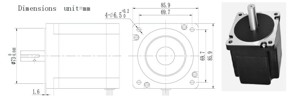 Dimensional drawing of the 86HS series stepper motor showing flange and shaft measurements.