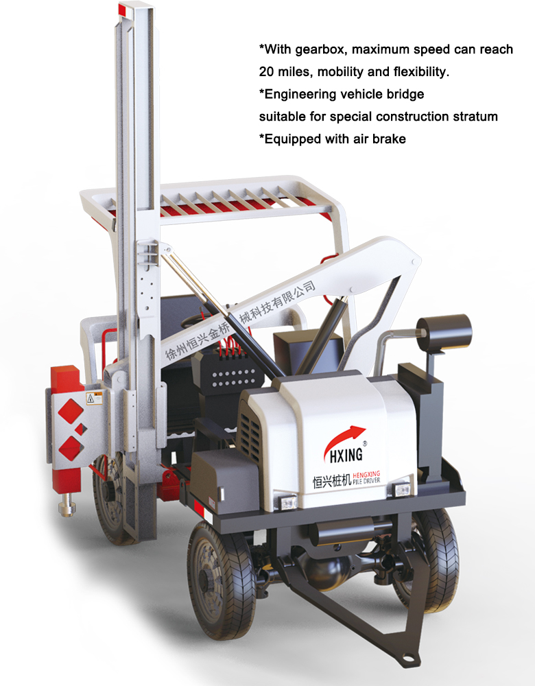 Hydraulic highway guardrail installation pile driver on a construction site