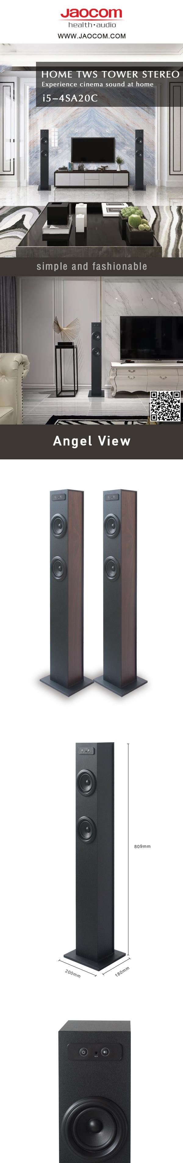 Bluetooth TWS Tower Speaker System showing dimensions and design