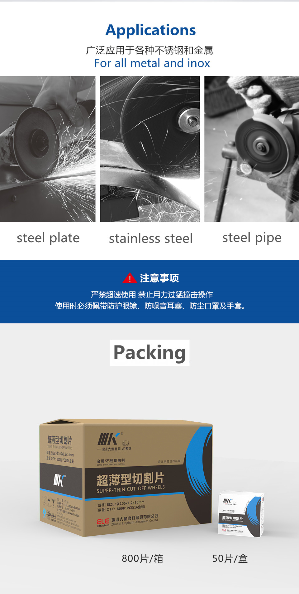 Packaging and application label for cutting discs