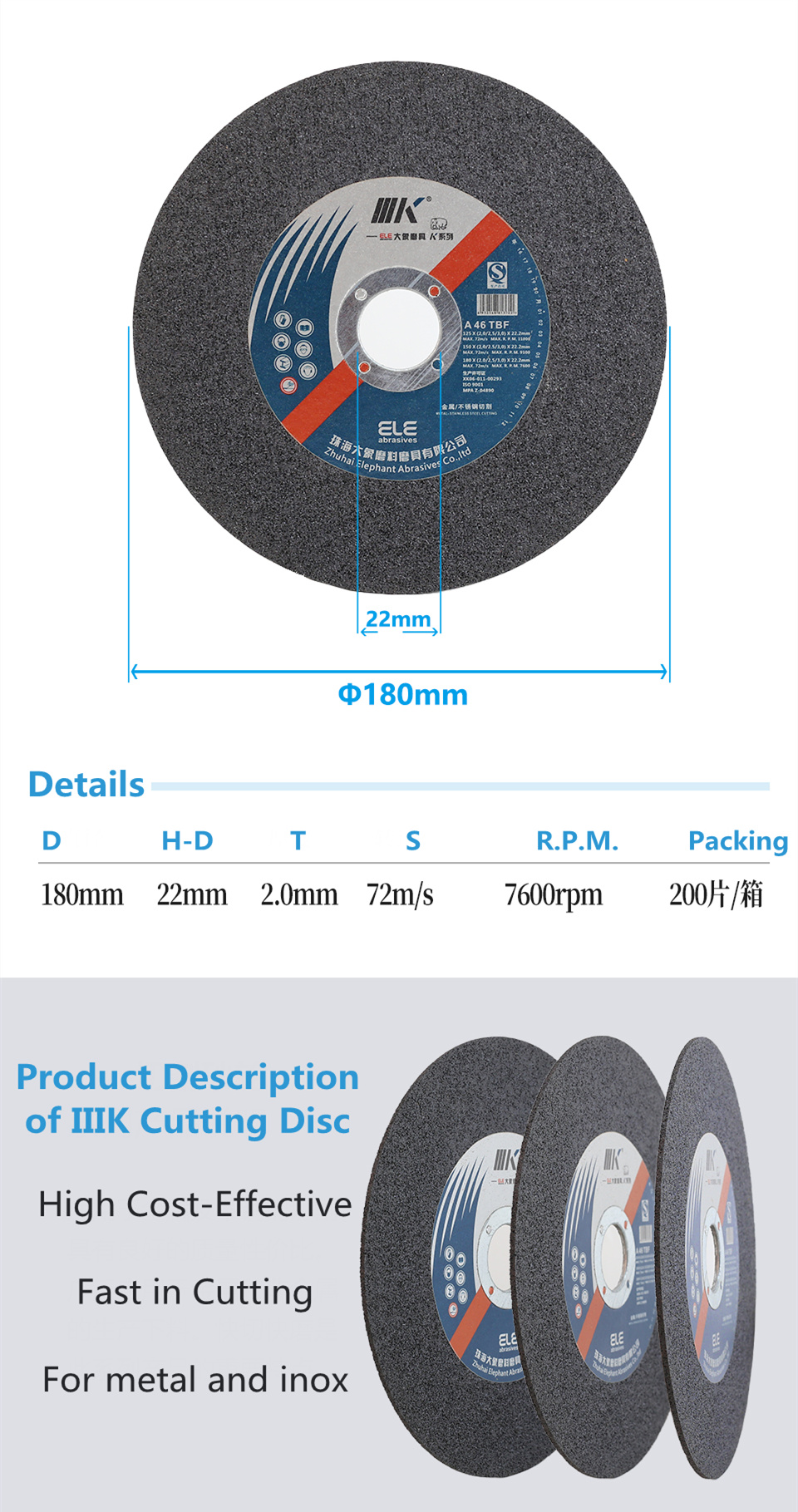 Technical specification diagram of the cutting disc