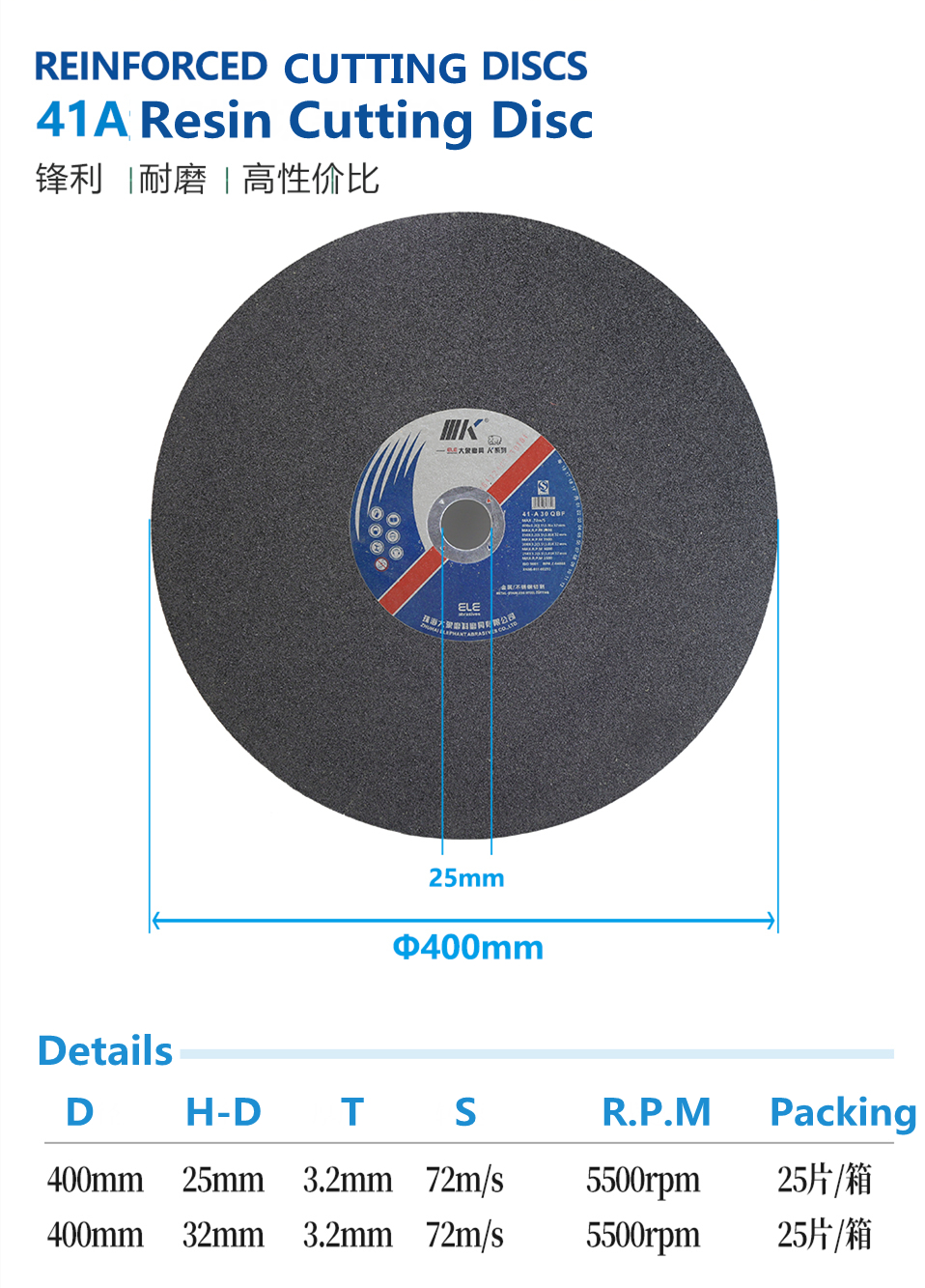 Technical specifications table for 41A resin cutting discs