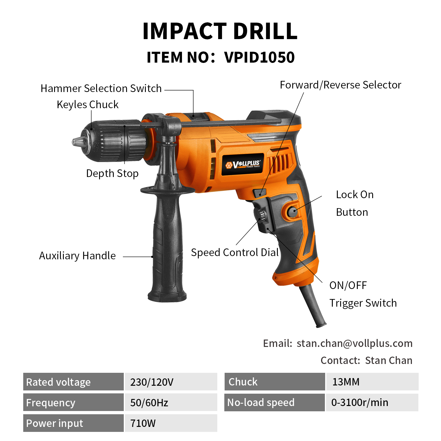 710W Variable Speed Impact Drill with Auxiliary Handle