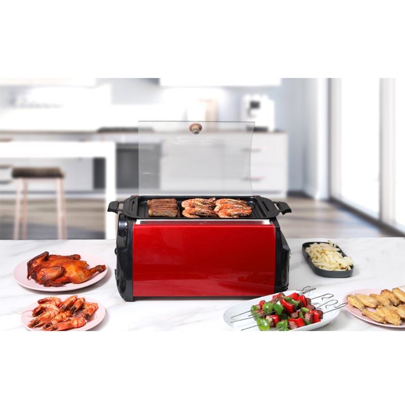 Indoor Smokeless Rotisserie Grill Oven unit with glass cover