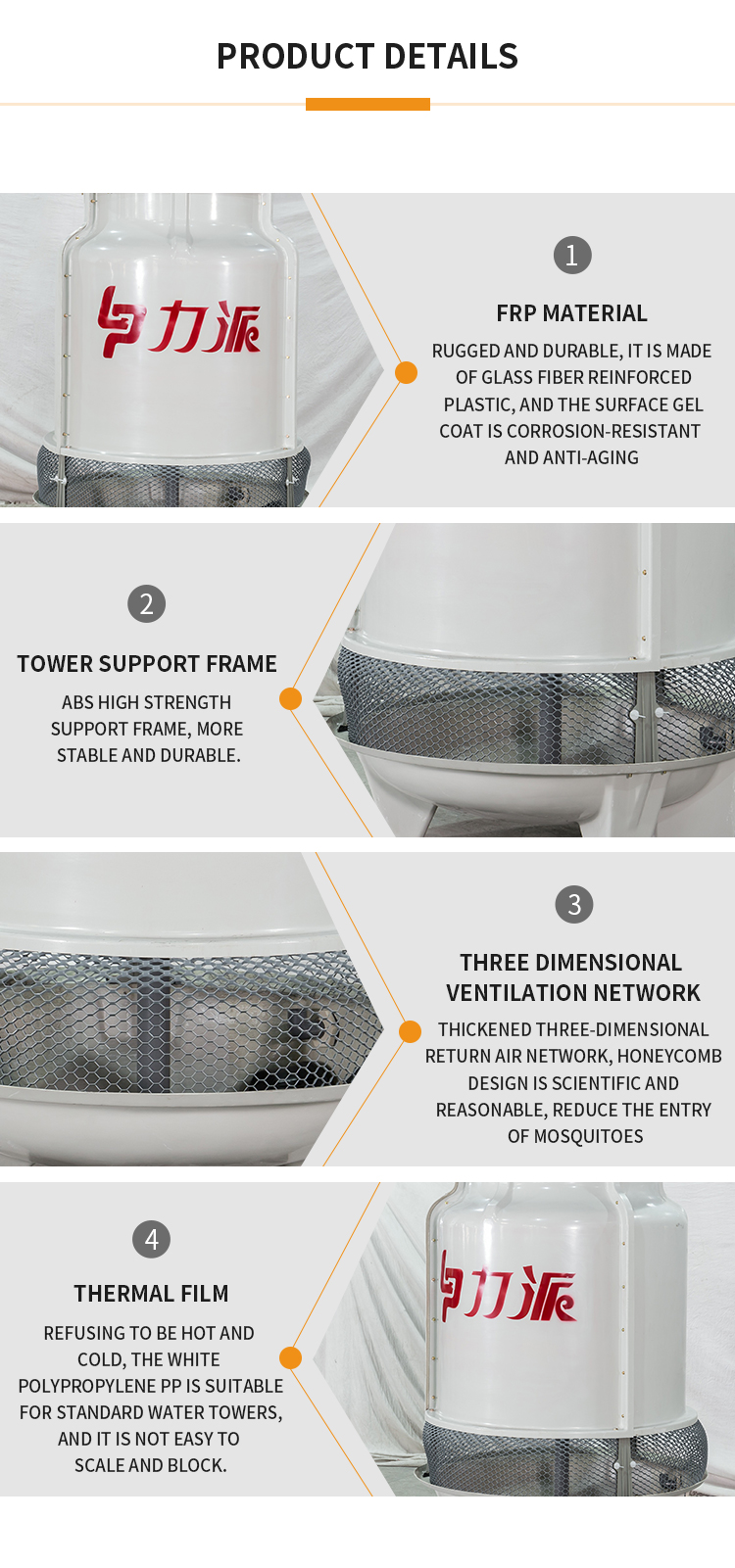 Detailed view of cooling tower components including thermal film and ventilation network