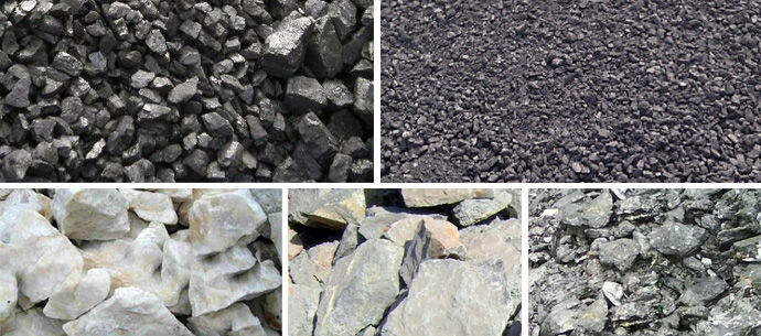 Various raw materials and minerals used in industrial processing
