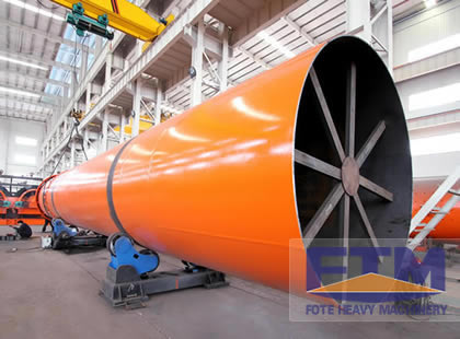 Industrial rotary dryer showing rotating drum and support rollers