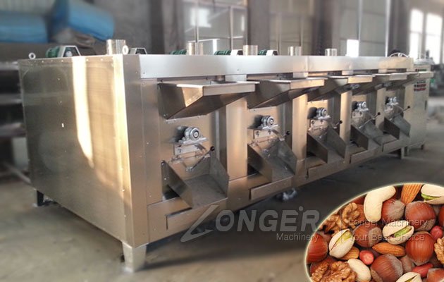 Industrial nut roasting machine showing continuous roasting process