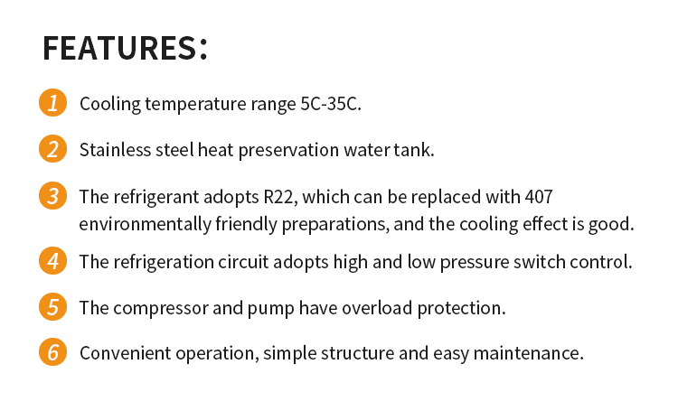Industrial water chiller feature list showing temperature range and safety protections