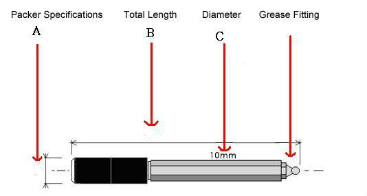 Mechanical injection packer showing grease fitting and diameter details