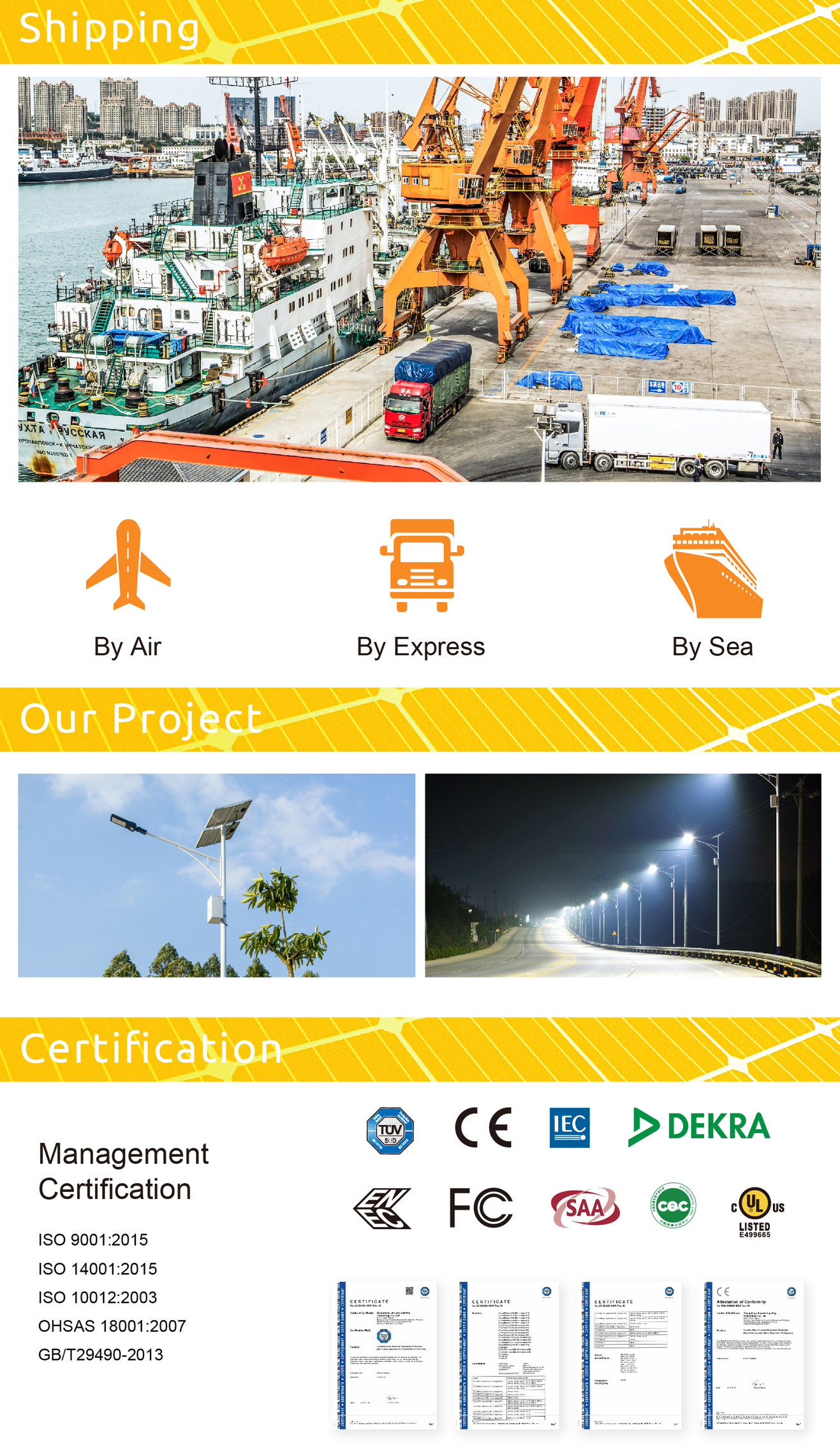 Graphic showing various international certifications and shipping methods.
