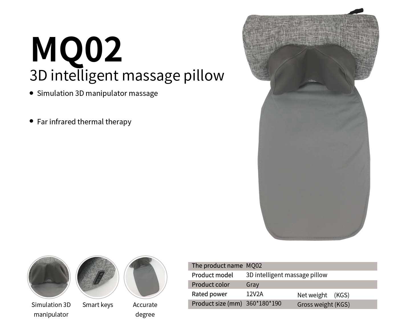 MQ02 3D intelligent massage pillow showing simulation manipulator massage and far-infrared therapy features