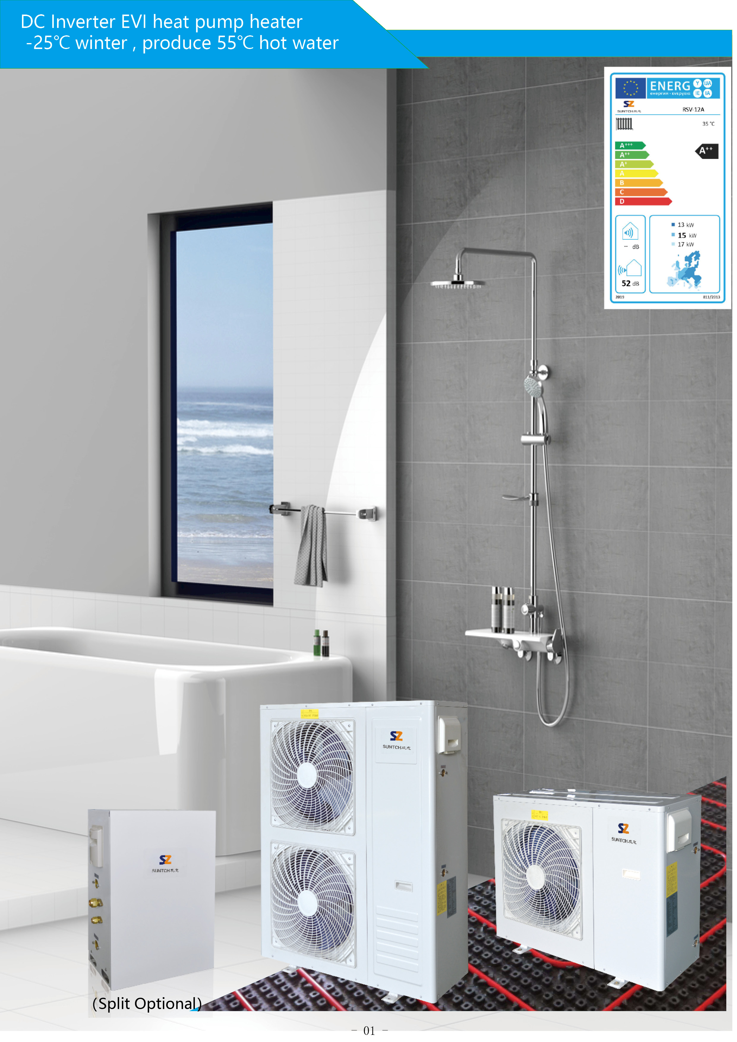 DC Inverter EVI heat pump heater specifications and performance data