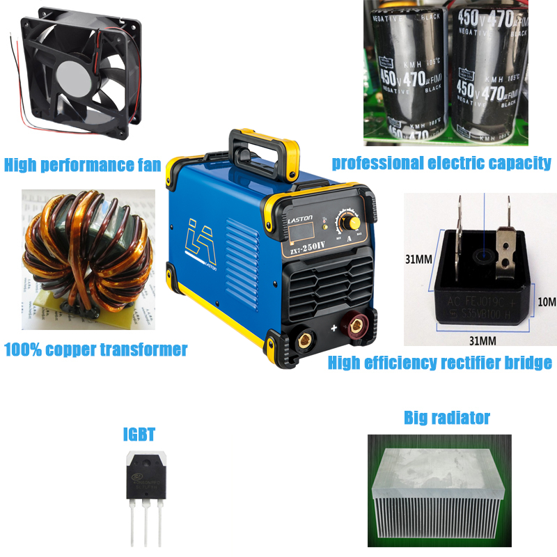 Internal components of the welding machine including transformer, capacitors, and radiator.