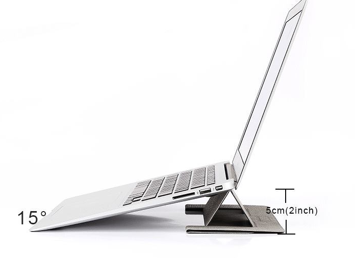 Diagram showing the 15-degree angle and 5cm lift height of the ergonomic laptop stand.