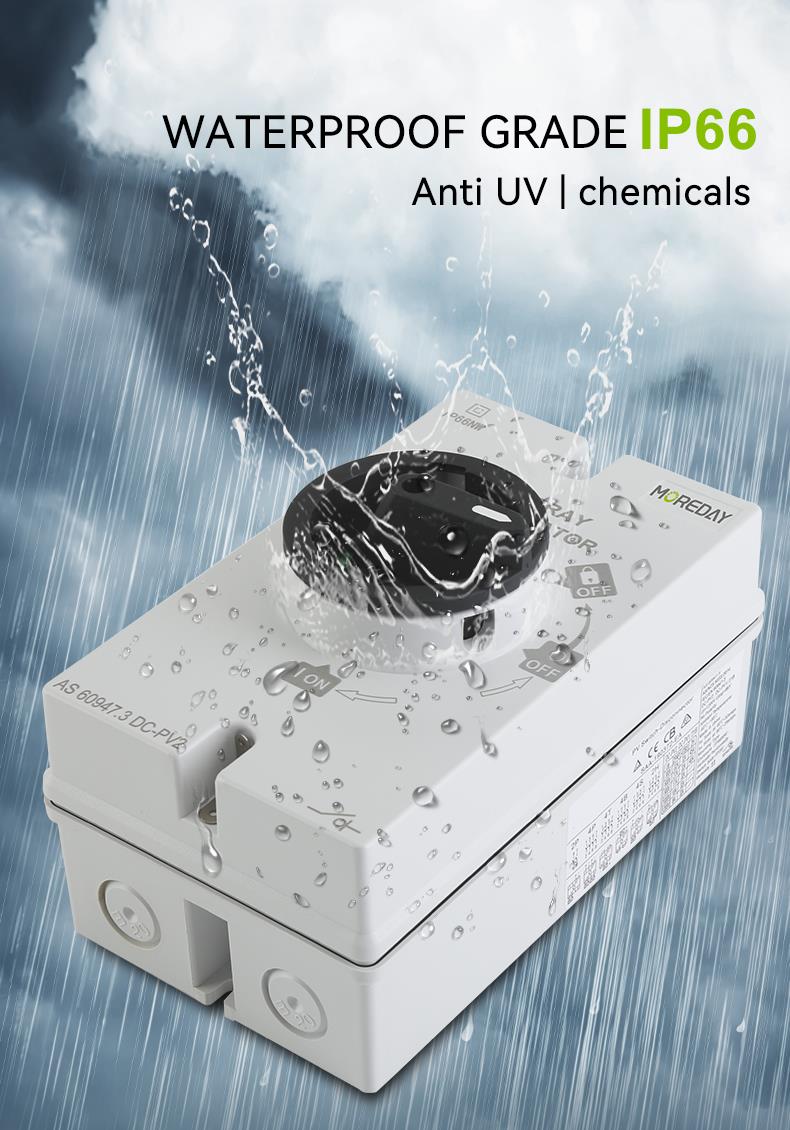 IP66 DC isolator switch showing waterproof and weather-resistant design features.