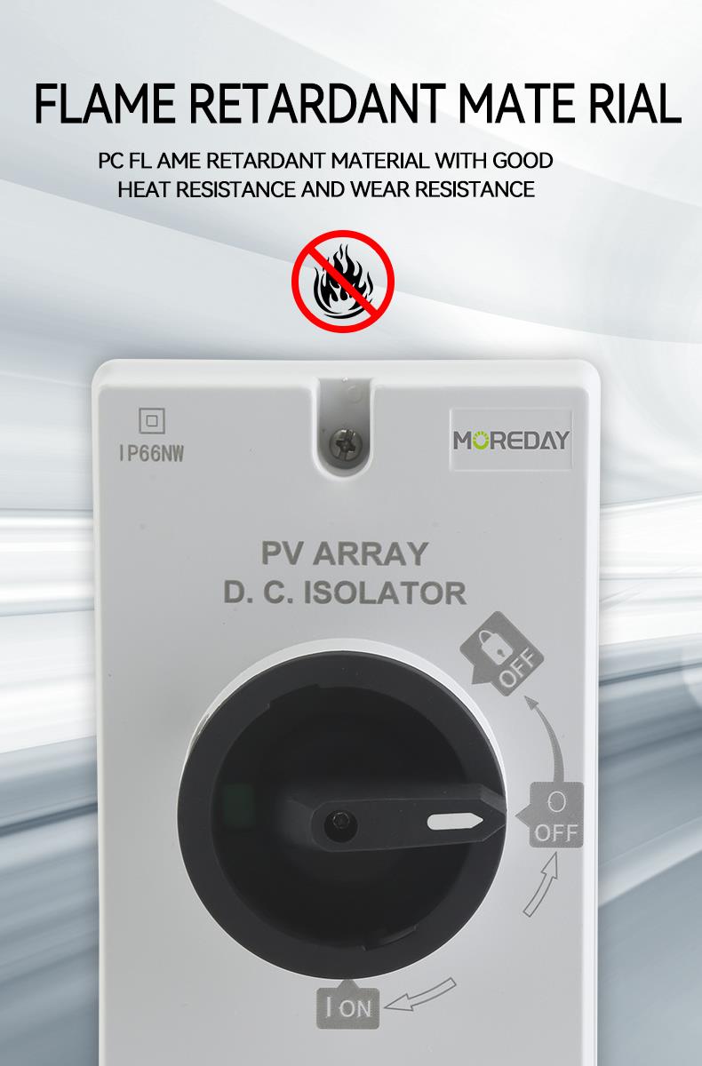 Close up of the DC isolator switch showing flame retardant material and ON/OFF switch.
