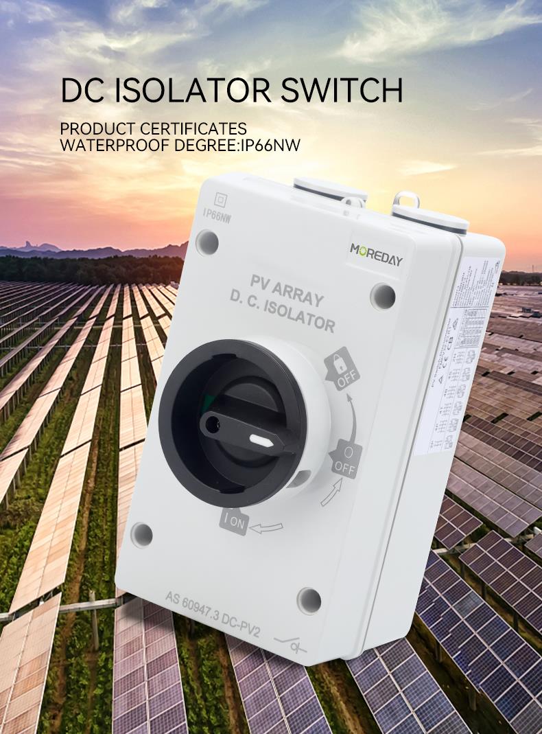 DC isolator switch showing IP66NW rating and certification labels