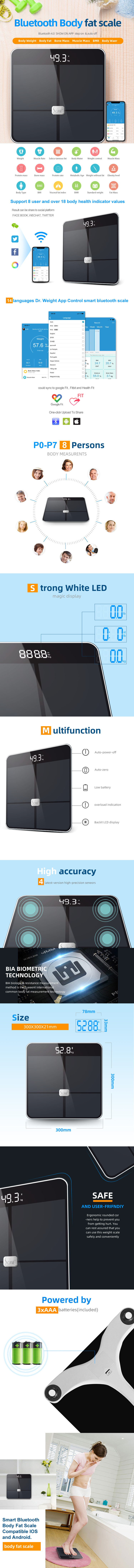 Smart Bluetooth body fat scale with ITO glass surface and LED display