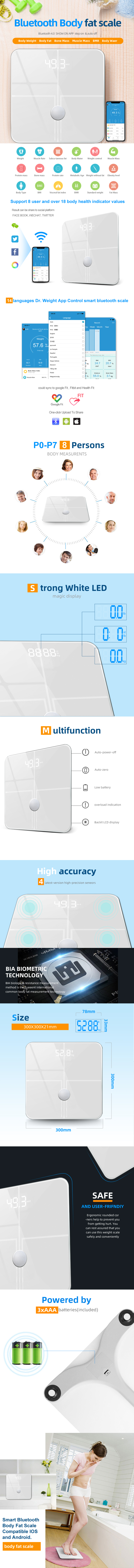 Smart Bluetooth Body Fat Scale showing app interface and measurement capabilities
