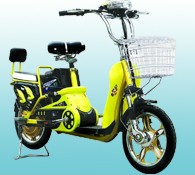 Yellow Electric Commuter Bicycle with Basket and Backrest