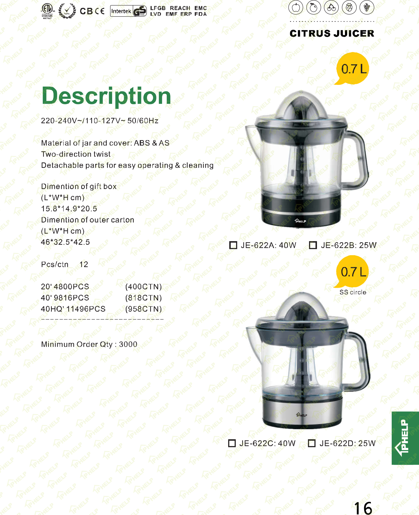 Citrus juicer product overview showing technical specifications and packaging details