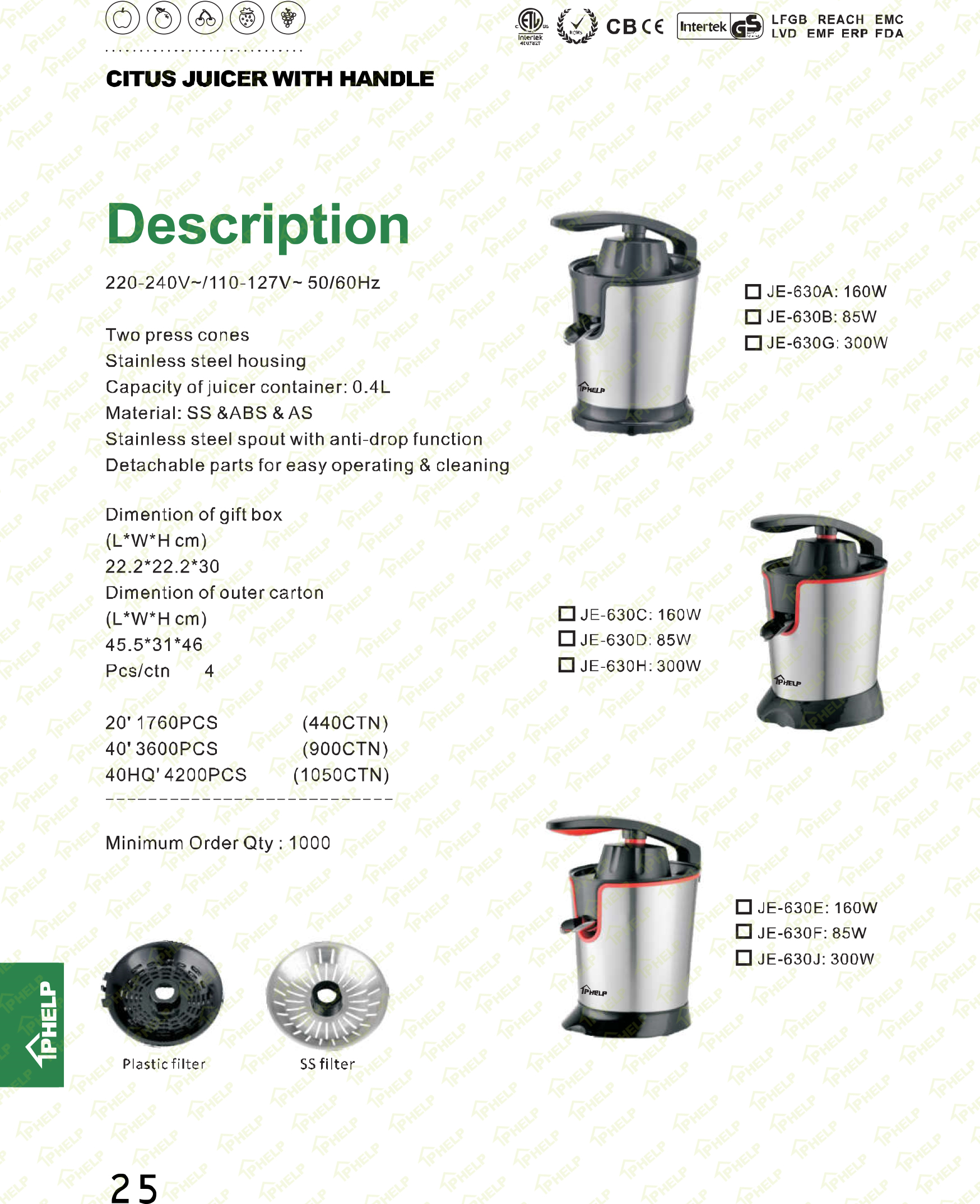 Citrus juicer unit with stainless steel housing and handle