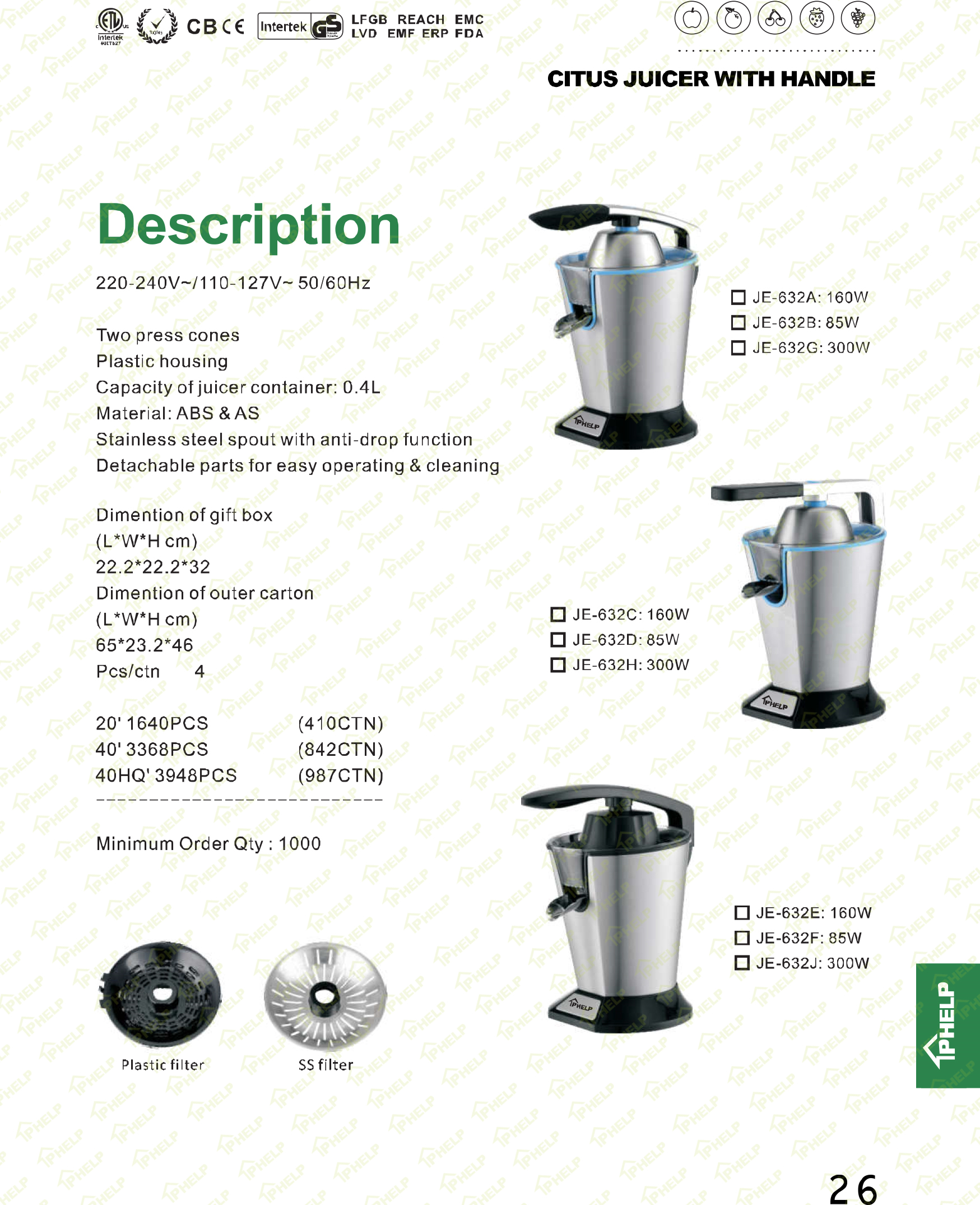 Citrus juicer with lever handle and accessories