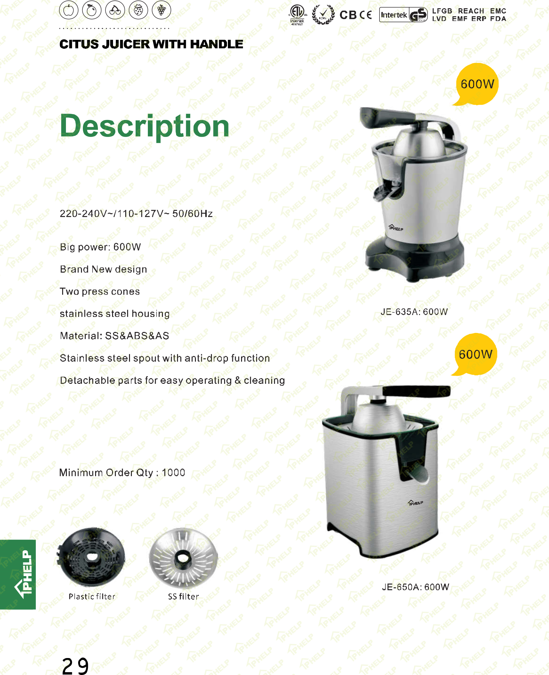 Electric citrus juicer with stainless steel housing and dual press cones