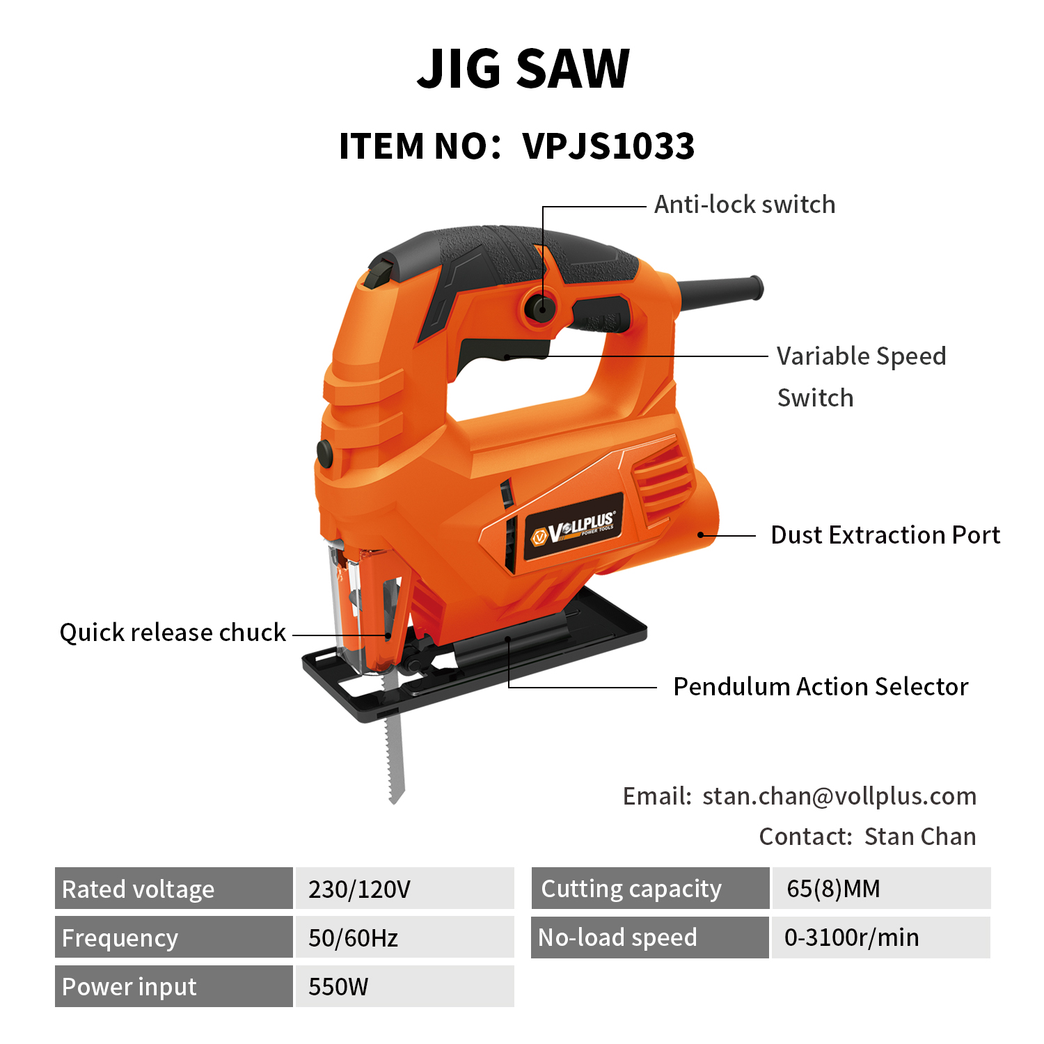 Variable Speed Jigsaw with Quick-Release Chuck