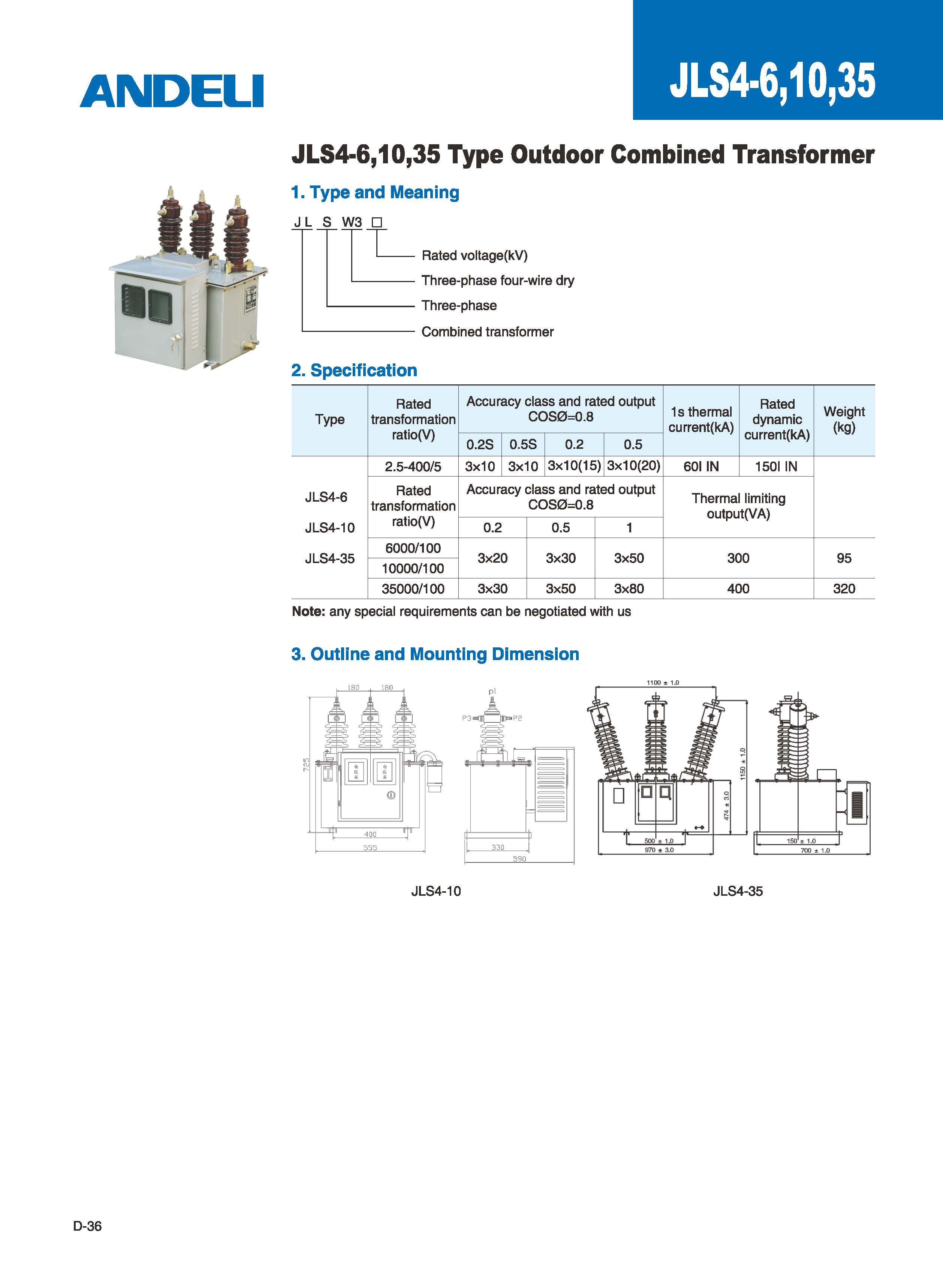 JLS4 Outdoor Combined Transformer technical diagram and specifications