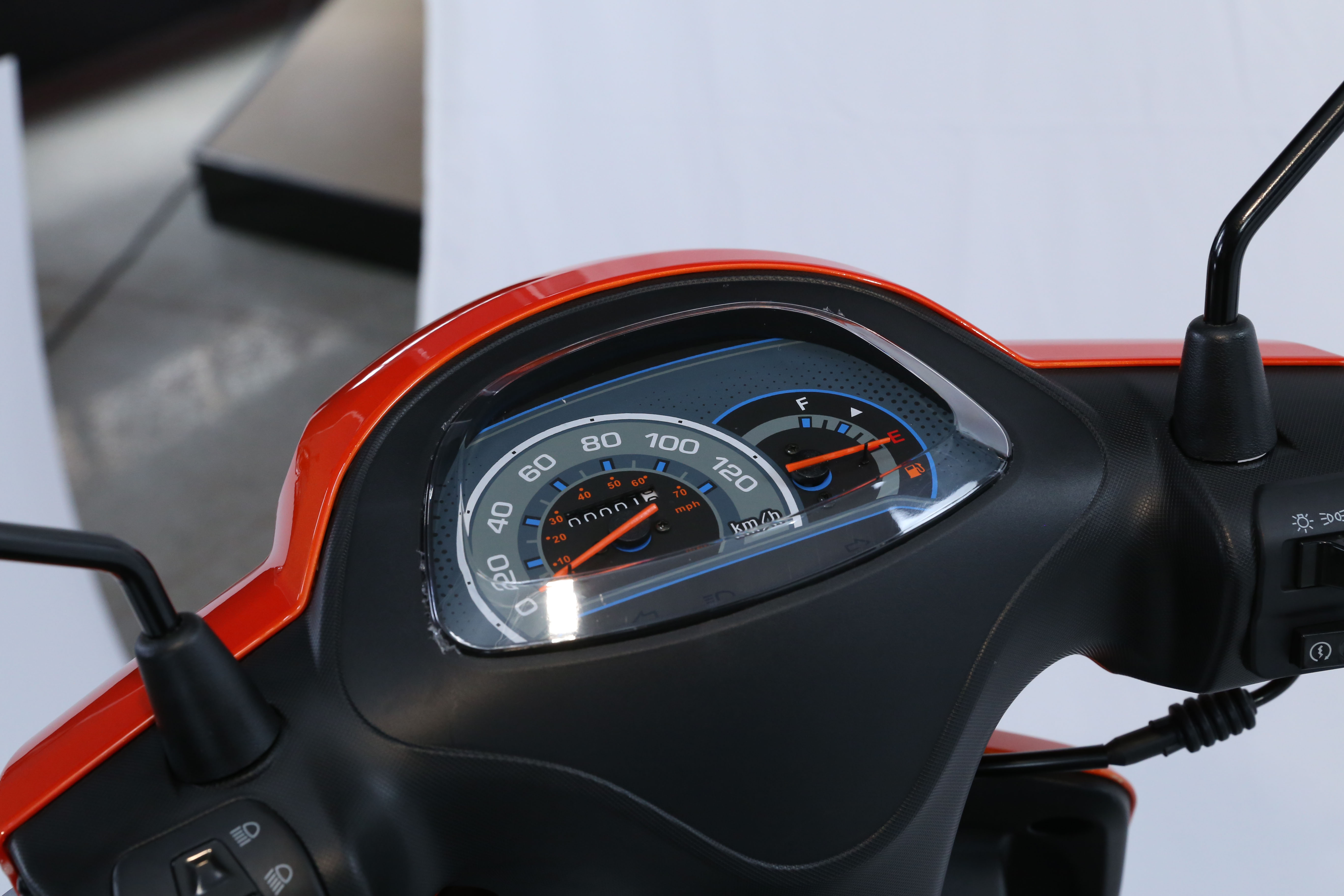 Close-up of the analog dashboard and instrument panel