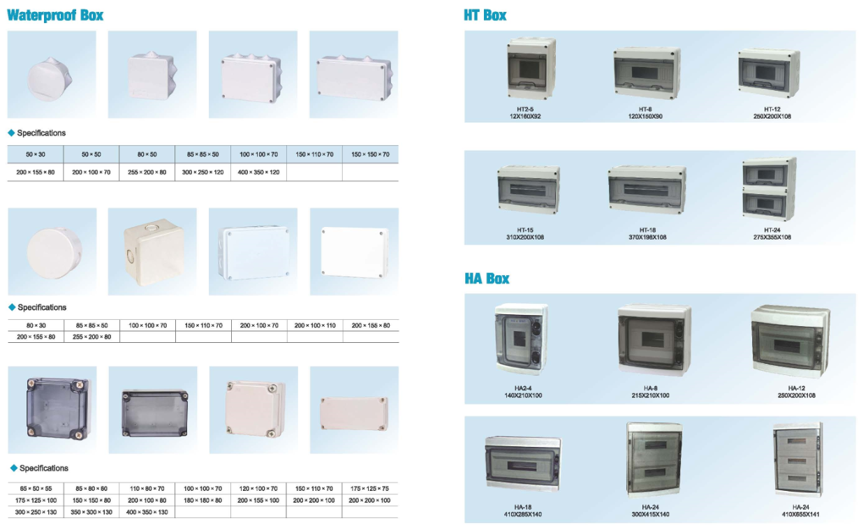 A selection of waterproof and standard junction boxes in various sizes