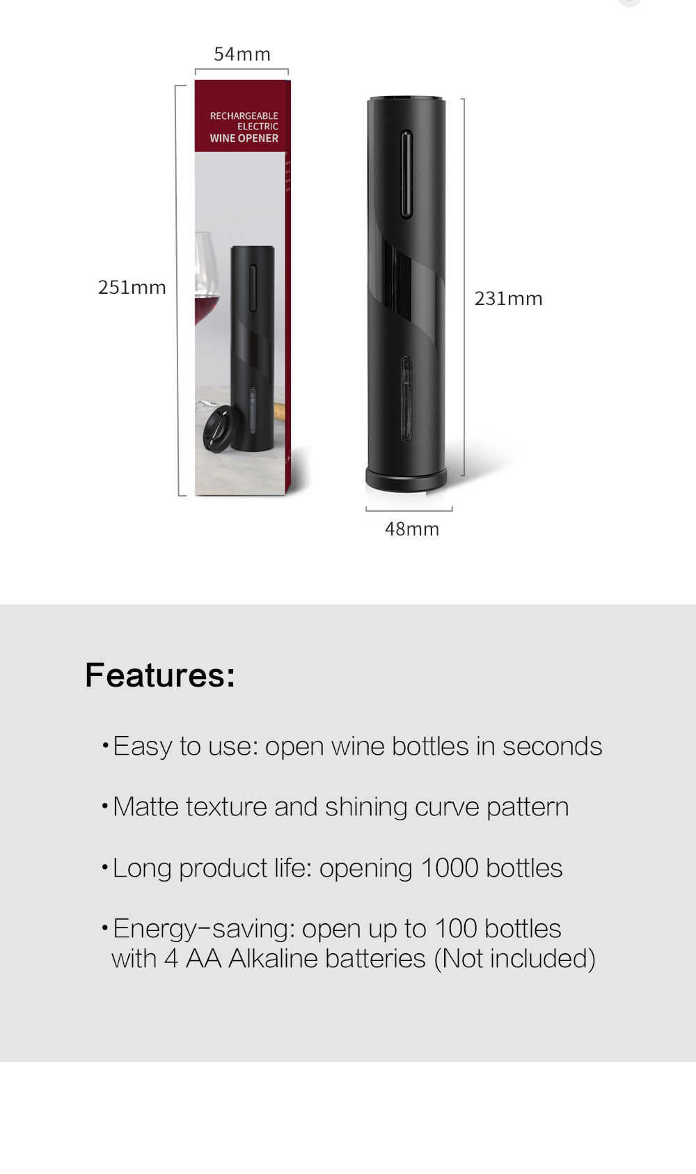 Electric wine opener showing design features and dimensions