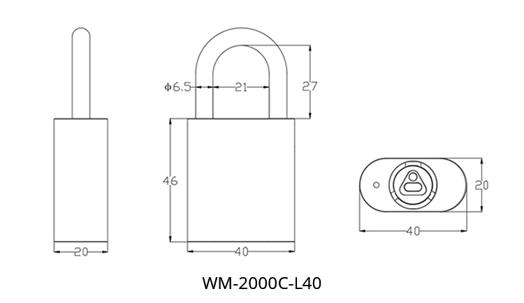 Technical drawing of the WM-2000C-L40 padlock with dimensions