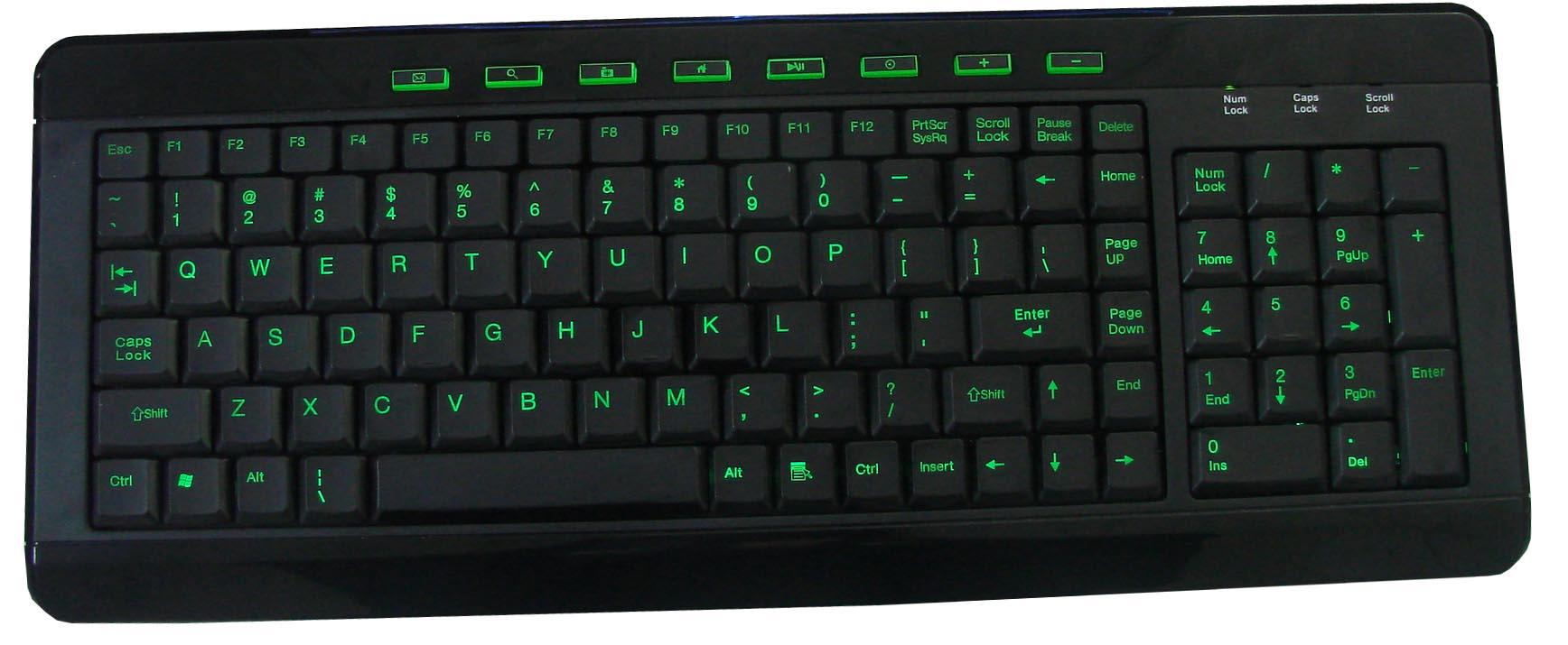 Standard QWERTY Keyboard with Green Backlighting