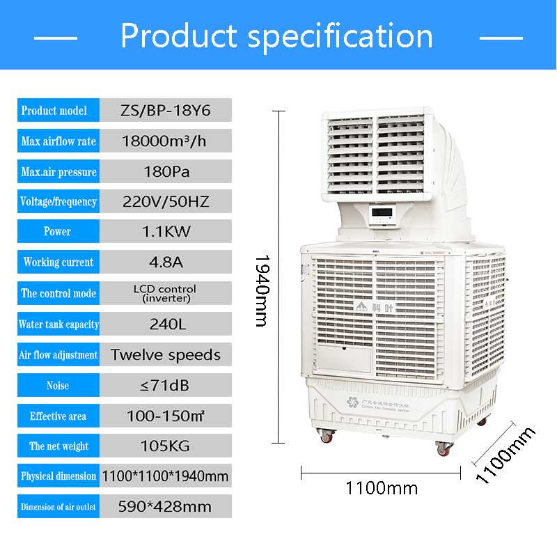 Technical specification sheet for the portable evaporative air cooler