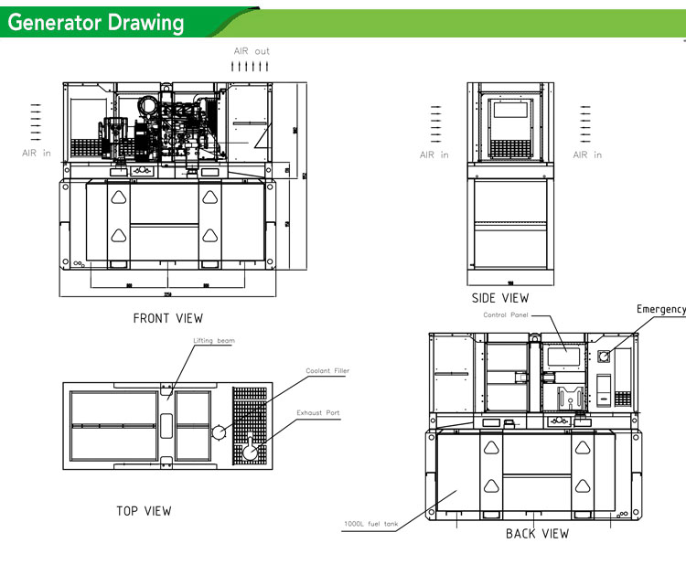 Technical schematic drawing of the generator showing dimensions and component layout