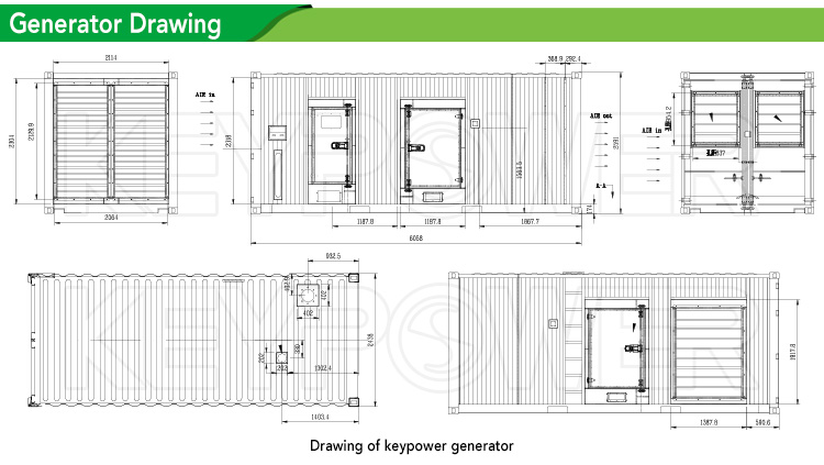 Technical drawing showing container dimensions and component layout