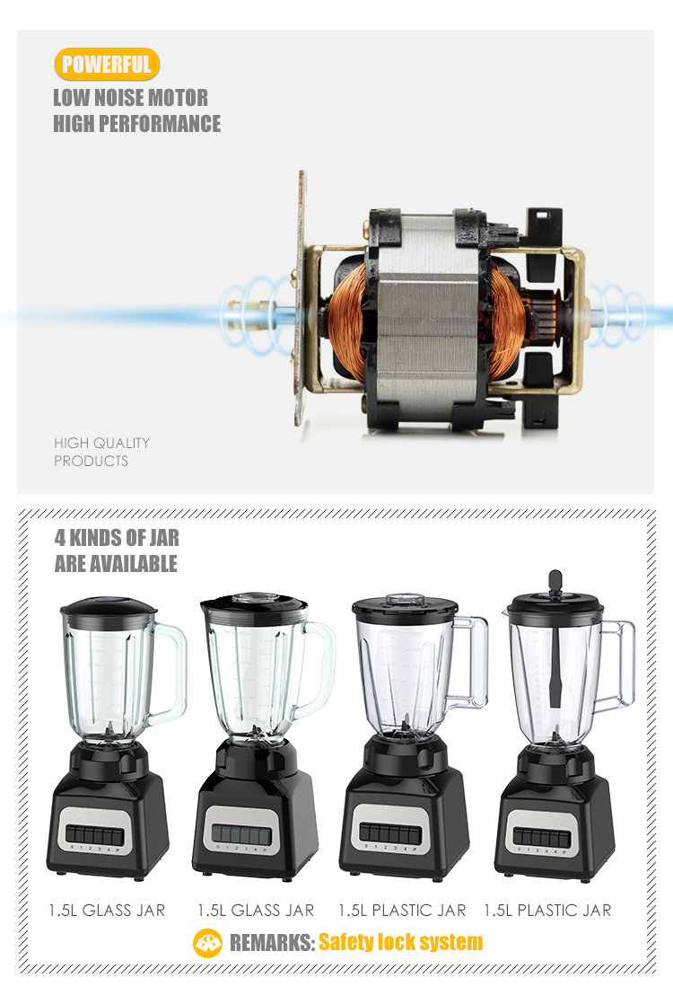 Electric blender showing motor performance and jar options